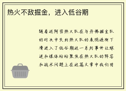 热火不敌掘金，进入低谷期